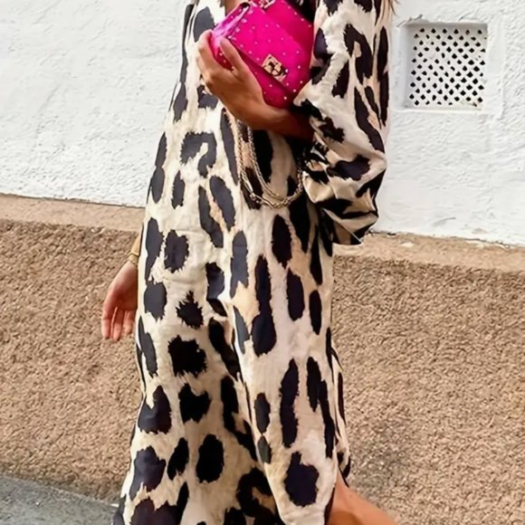 Leopard Print Lantern Sleeve Dress, Casual V Neck Loose cover up Dress - Picture 1 of 3